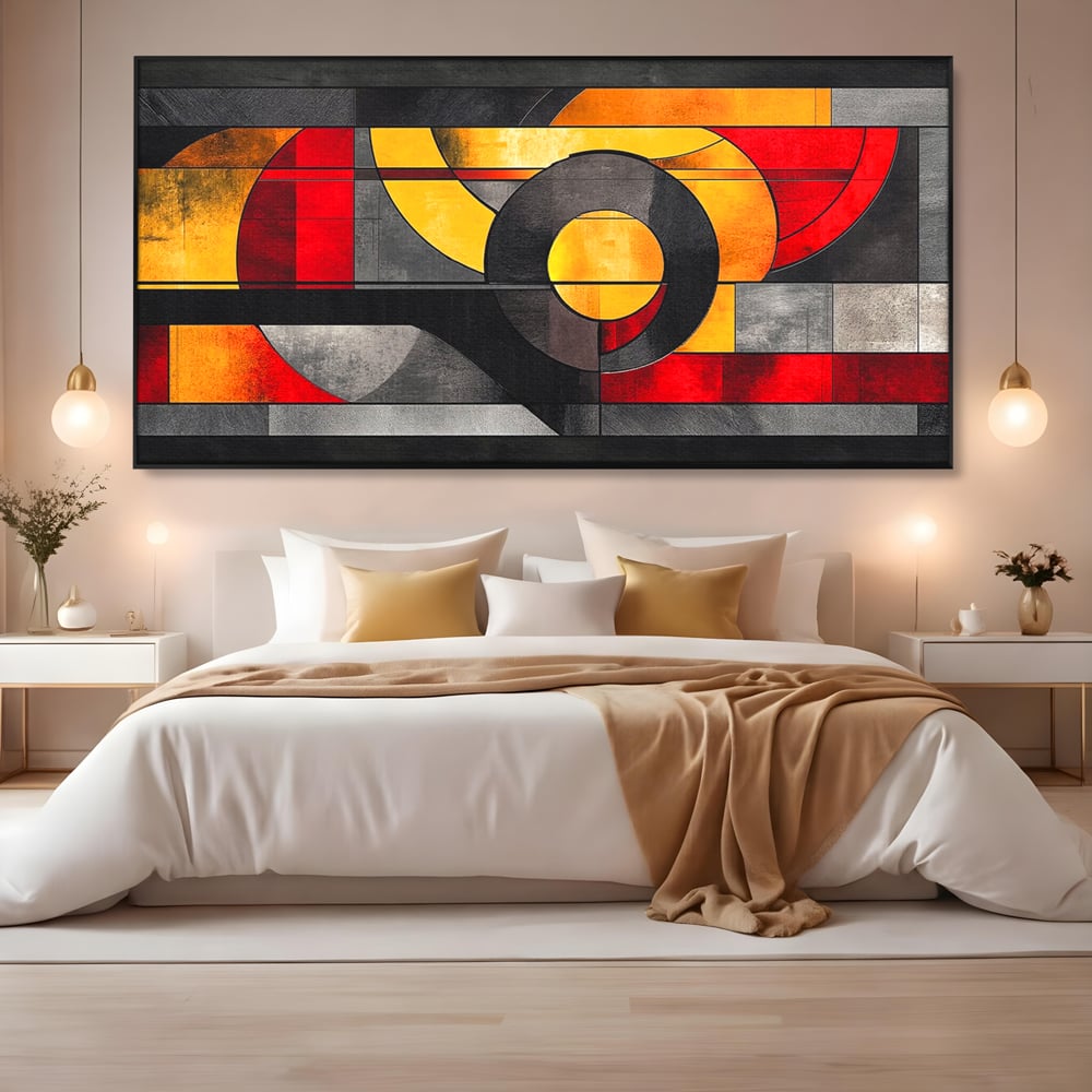 Tablou canvas cu tablou canvas cu forme geometrice abstracte, in rama de aluminiu negru, pe perete intr-un dormitor